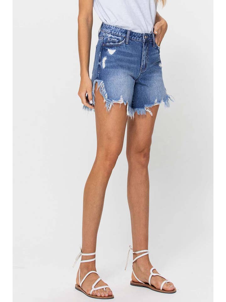 HARMONIOUS HIGH RISE SIDE SLIT FRAYED HEM SHORTS V2769 for wholesale on Faire