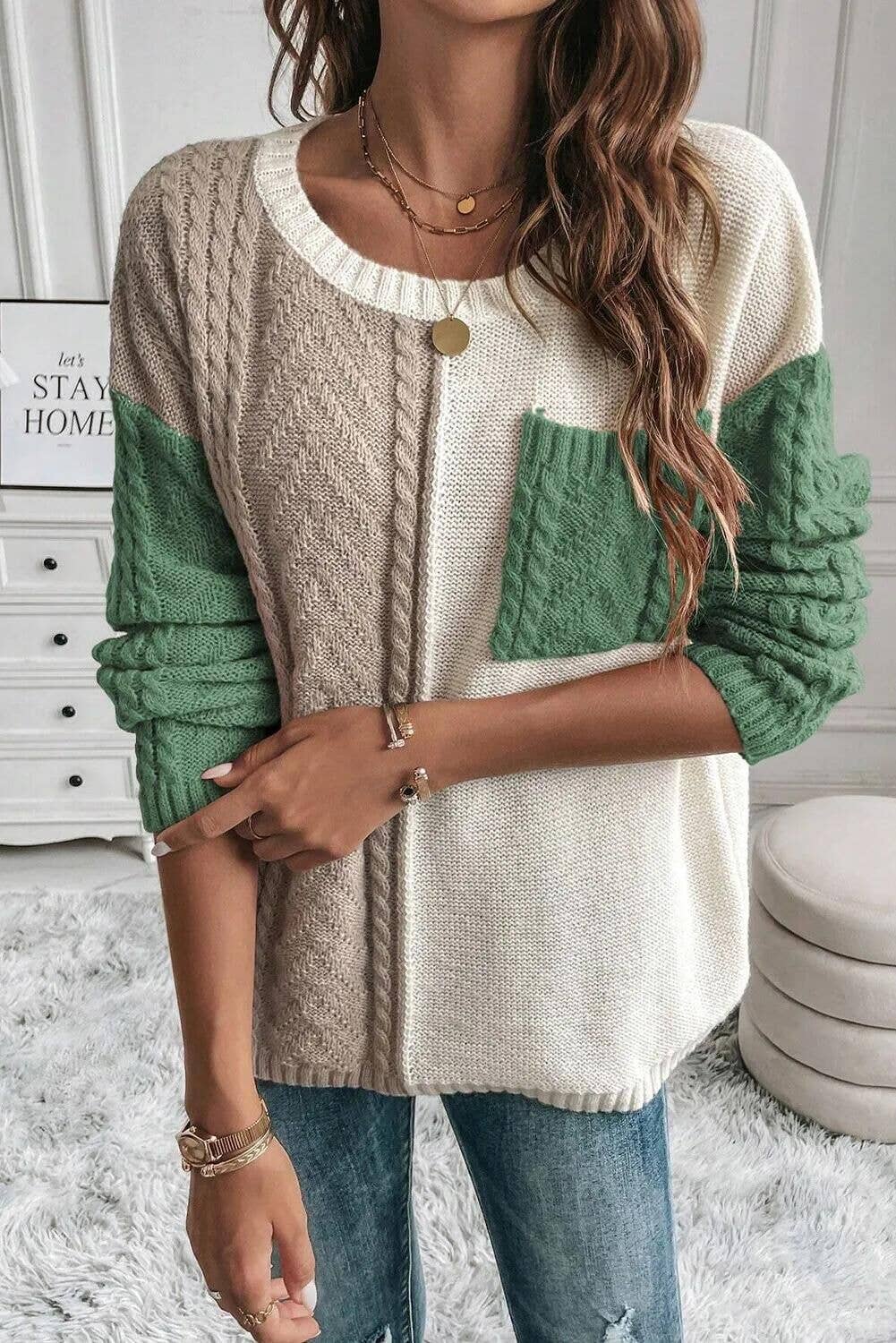 Lily Clothing - Wholesale Knit Sweater - Women's - CASUAL PATCHWORK POCKET PULLOVER SWEATER5