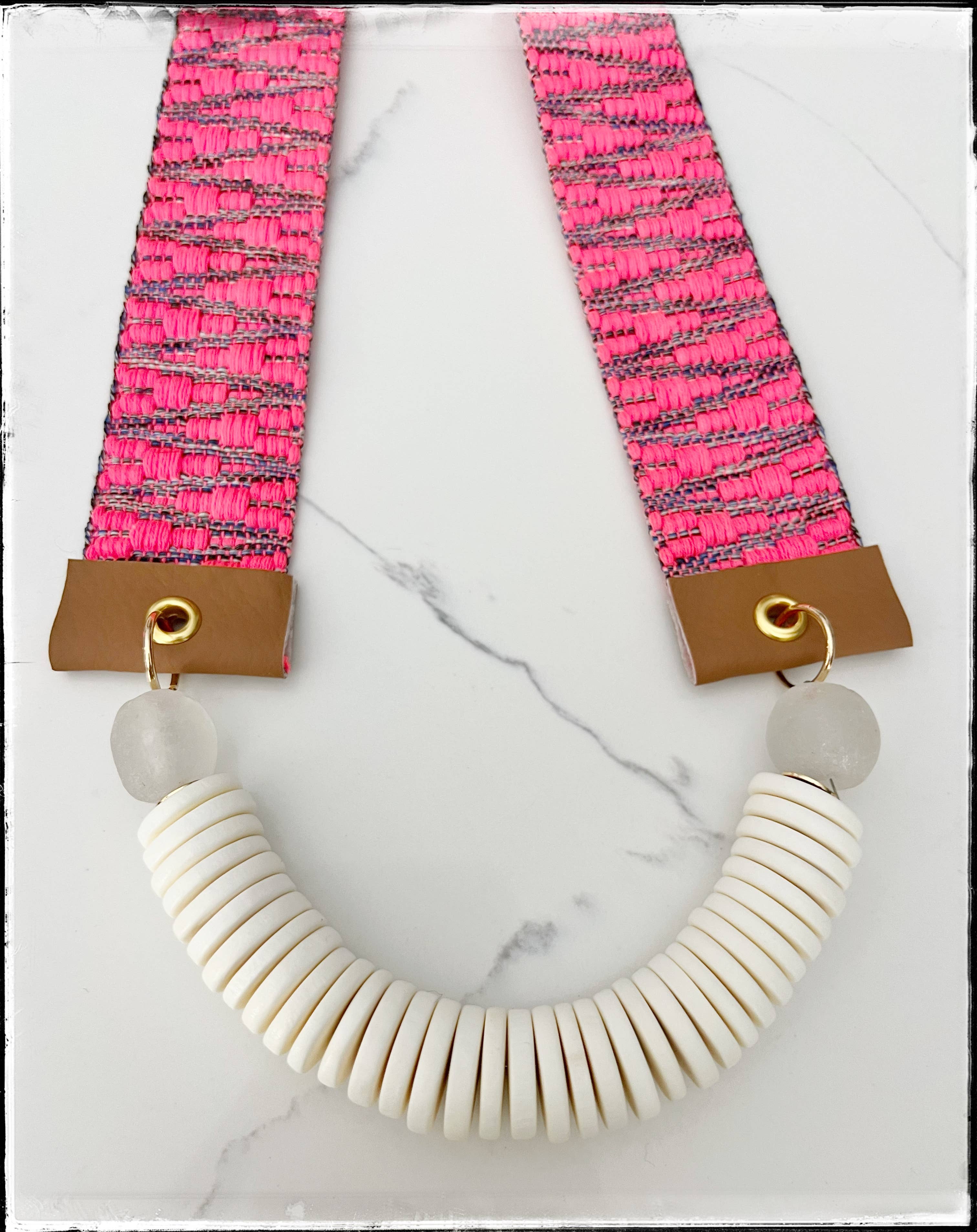 GentrybyJenna - Wholesale Beaded/Pearl Necklace - Pink Jacquard Fabric Strap Necklace- Coconut & Glass Bead1
