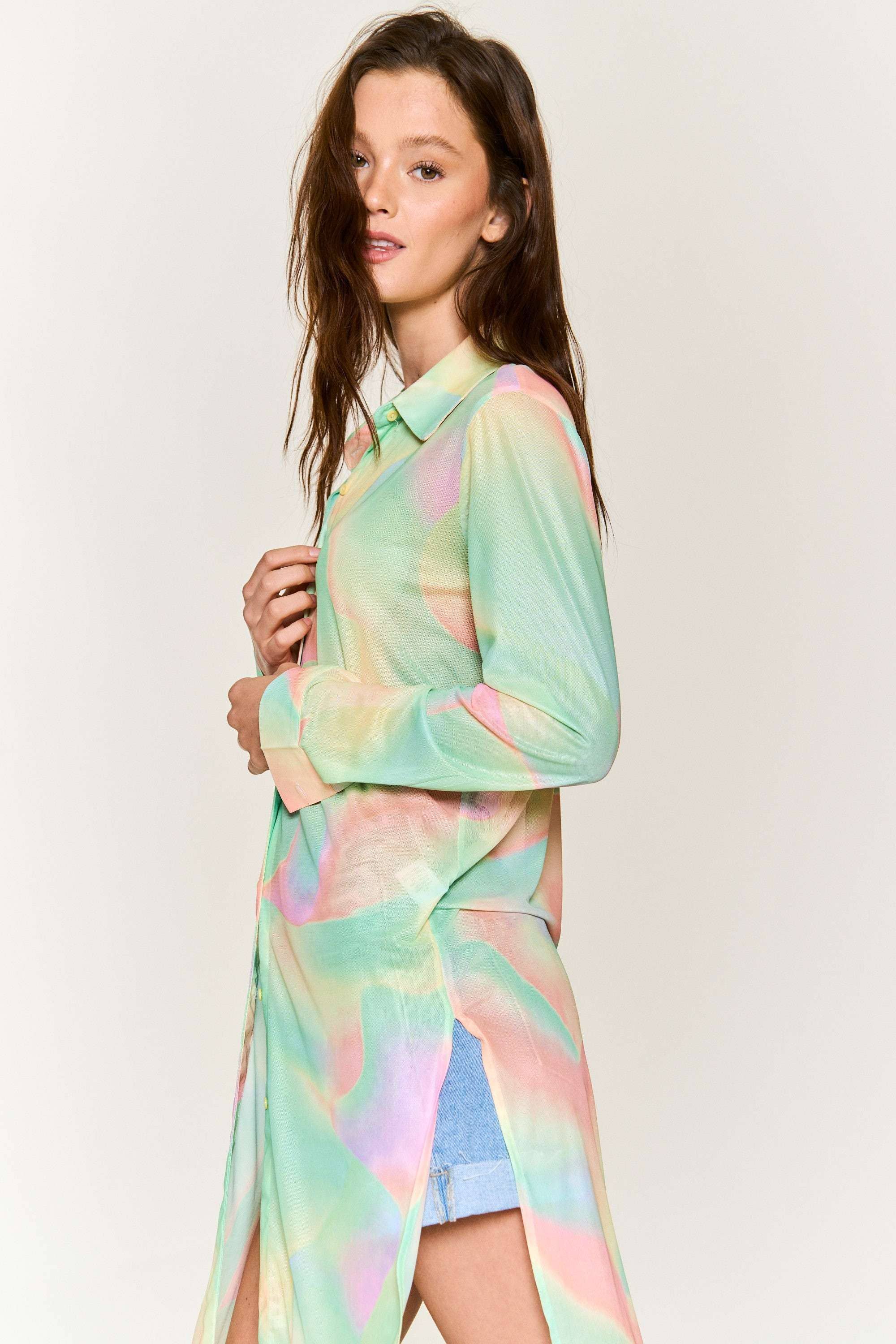 Hers & Mine - Wholesale Button Down Shirt - Women's - MESH TIE DYE BUTTON DOWN TUNIC SHIRT14