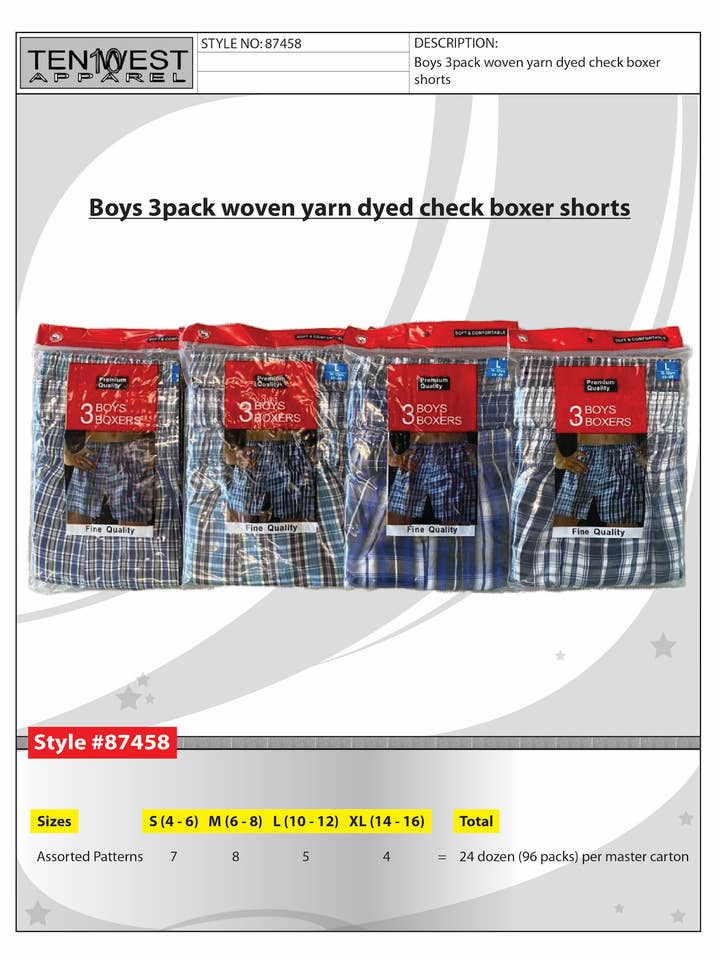 Boy's 3 pk y/d boxer short for wholesale by Ten West Apparel