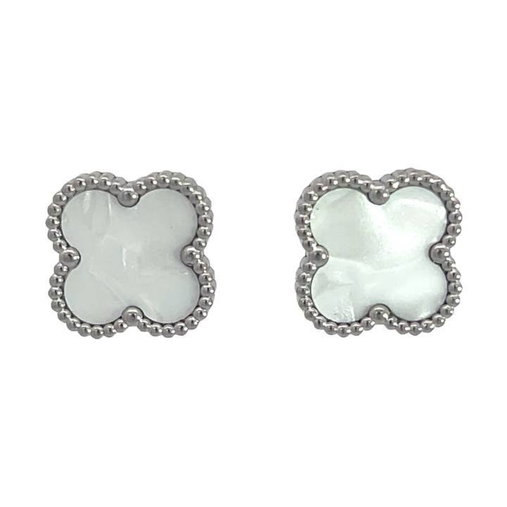 White Four Leaf Clover Stud Earrings, Silver Coloured for wholesale by Byzantium Collection Ltd