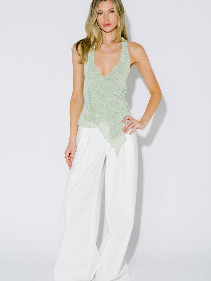 Floral Print Asymmetrical Wrap Halter Top for wholesale by Blue Blush