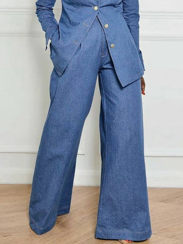 DENIM BLUE High-Waisted Jeans with Pockets and Lapel Blouse Sets for wholesale on Faire9
