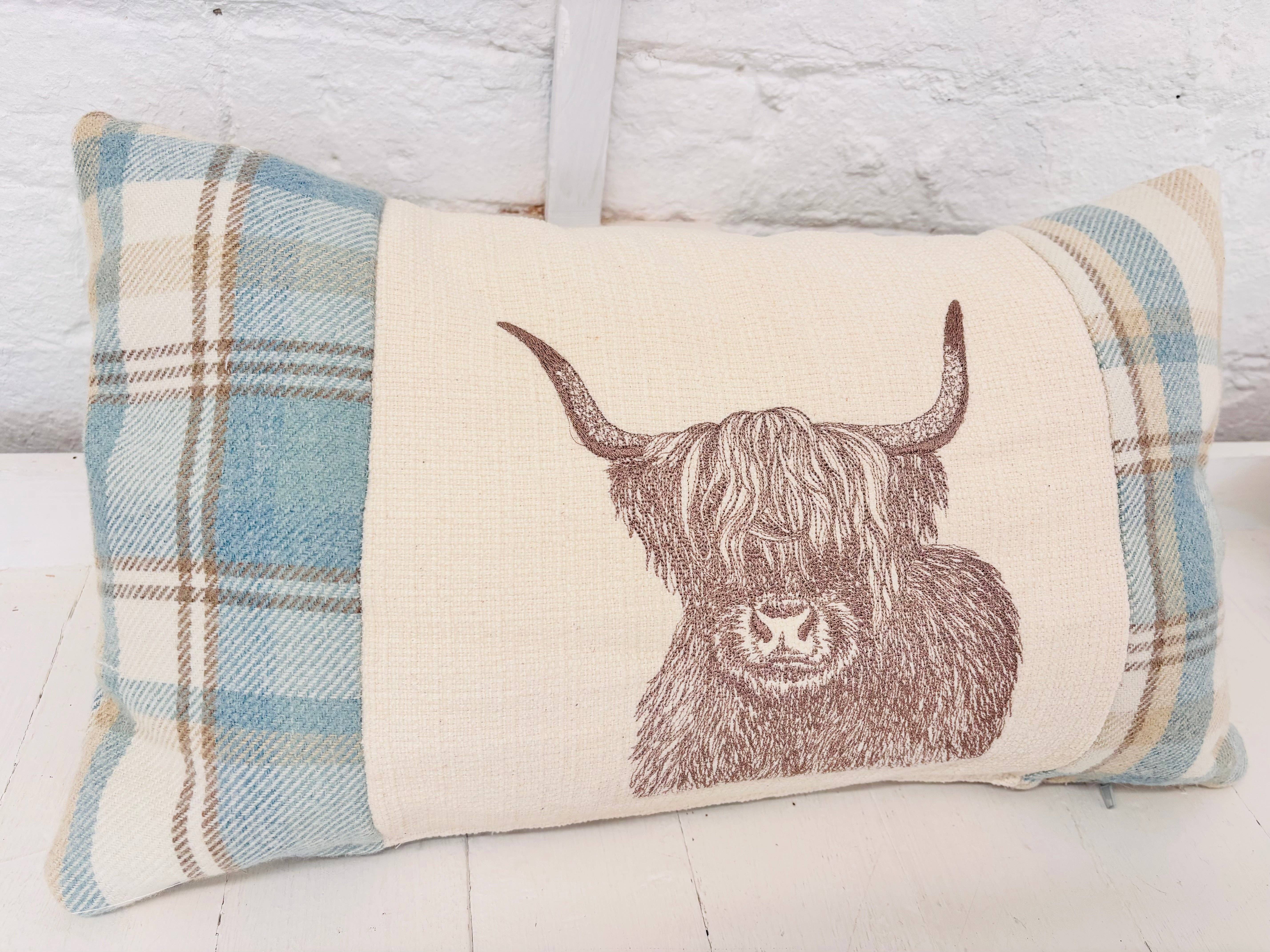 Lizzie Dixon Designs – wholesale Throw/decorative pillow – Highland Cow Cushion- Skye Blue wool Long Cushion1