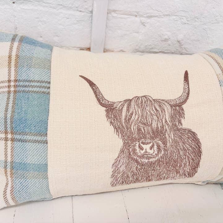 Lizzie Dixon Designs – wholesale Throw/decorative pillow – Highland Cow Cushion- Skye Blue wool Long Cushion1