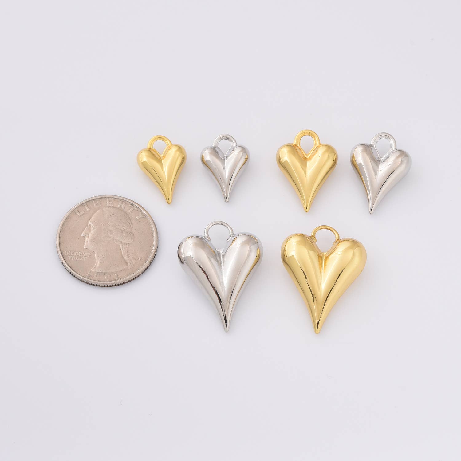 Beads Creation - Wholesale Individual Charm/Pendant - Puffy Heart Charms in Gold Filled and Shiny Silver, CP20263