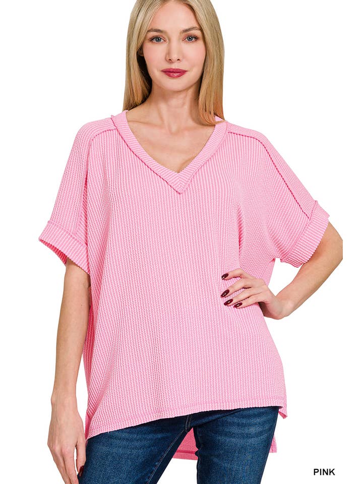 42POPS – wholesale Stickad topp - Dam – .Corded Rib Kortärmad Topp med Rå Kant74