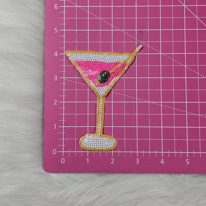 Scratch Decor - Wholesale Patch - Sequin Pink Martini with Olive Embroidery Iron On Patch
