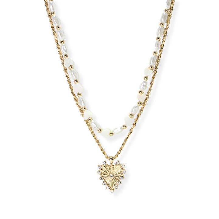 Heart charm freshwater pearl accent double layered necklace for wholesale by SOPHIA WHOLESALE