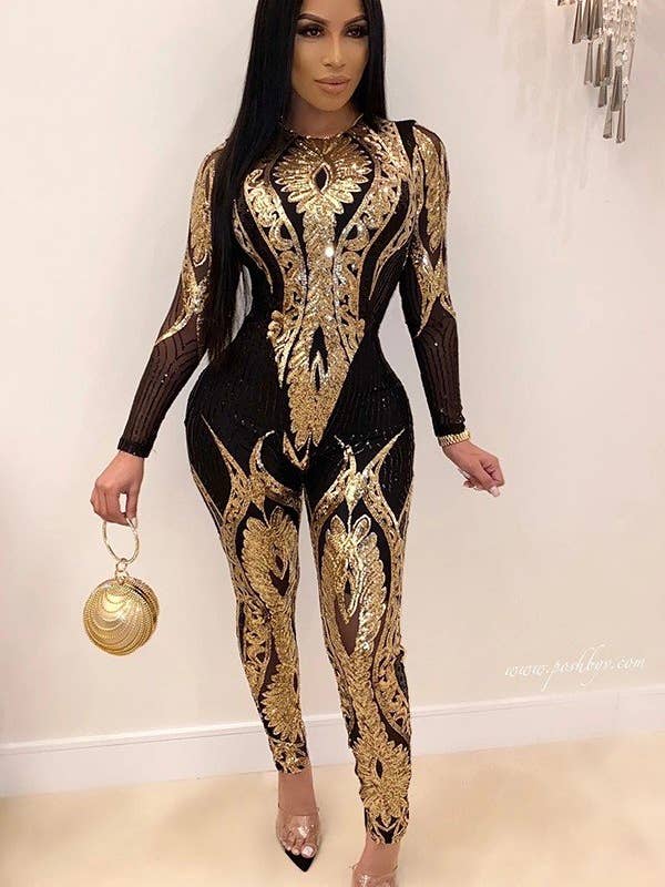 Aria Romance - Wholesale Jumpsuit - Women's - Glamorous Sequin Upscale Women's Long-Sleeved See-Through Jumpsuit