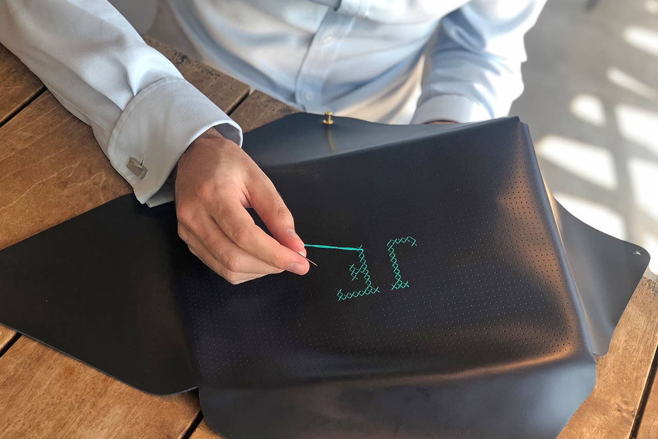 Chasing Threads - Wholesale DIY Craft Kit - DIY Cross Stitch Laptop Sleeve Kit - Navy with teal thread8