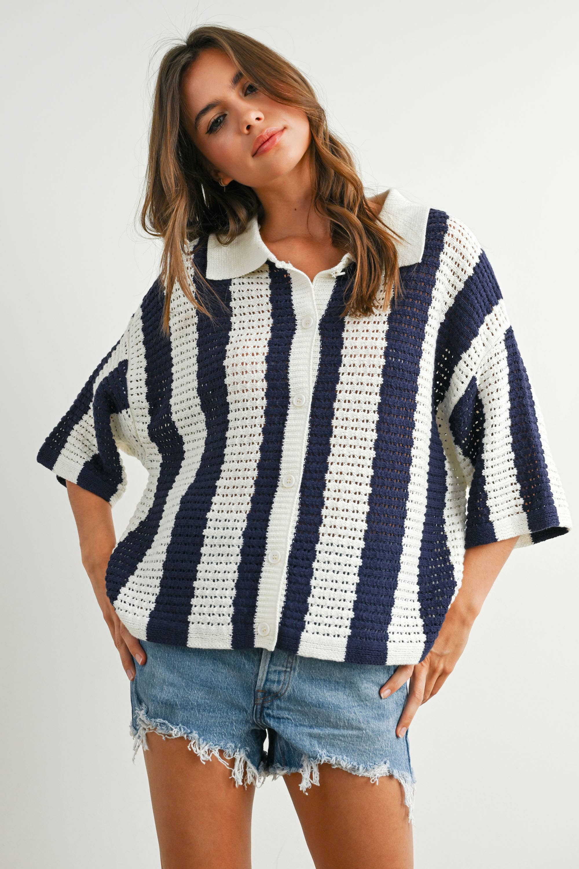 BUTTERMELON - Venta al por mayor Jersey de punto - Mujer - Jersey de Punto a Rayas con Botones - BMW77424