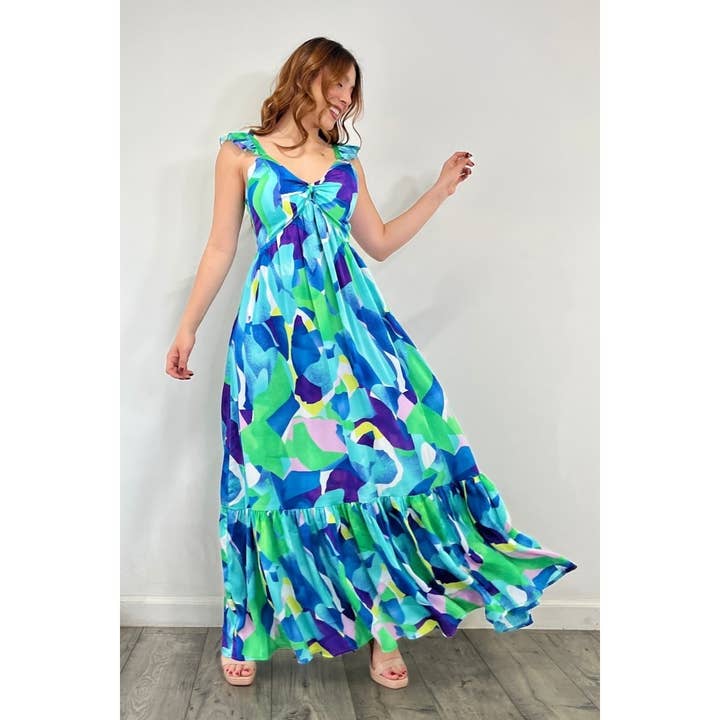 Esmeray Clothing - Wholesale Dress - Women's - Smocked Back Print Maxi Dress with Adjustable Straps