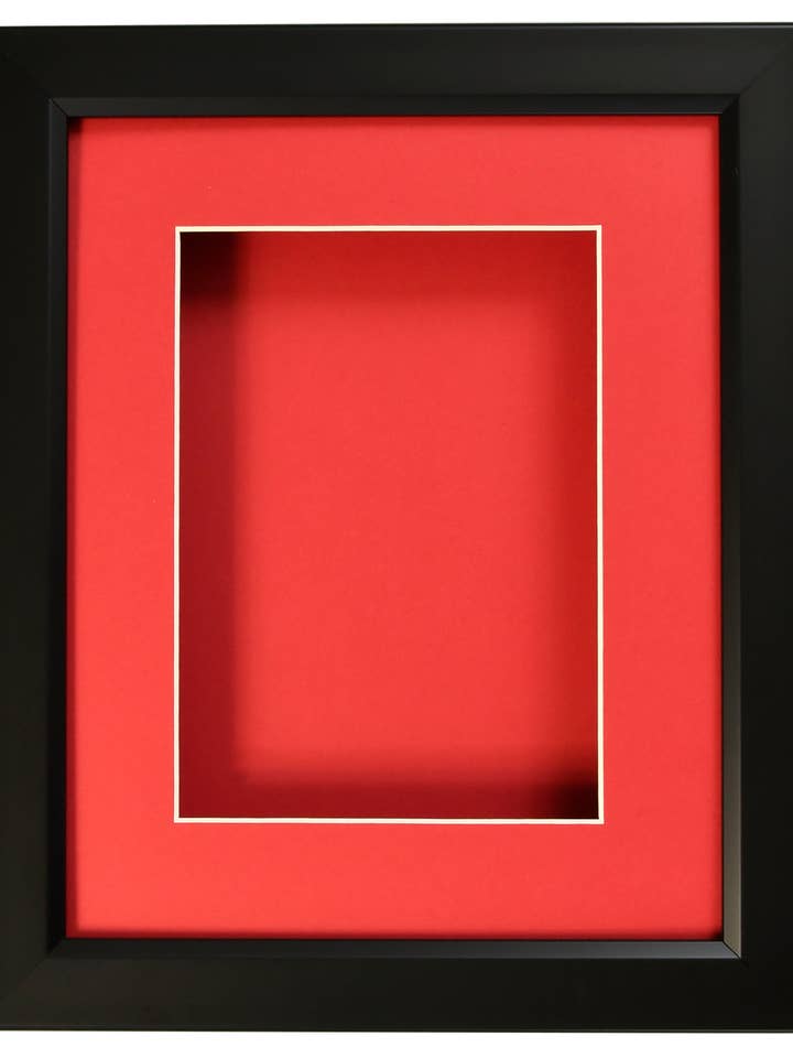 1038SB2218 SCHATTENBOX-RAHMEN - SCHWARZER POLYRAHMEN - ROTE PASSEPARTOUT für den Großhandel von West Coast Frames LLC