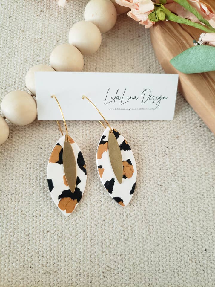 the Feathers | White Leopard Clay Gold Hoop Earrings for wholesale by LulaLina Design