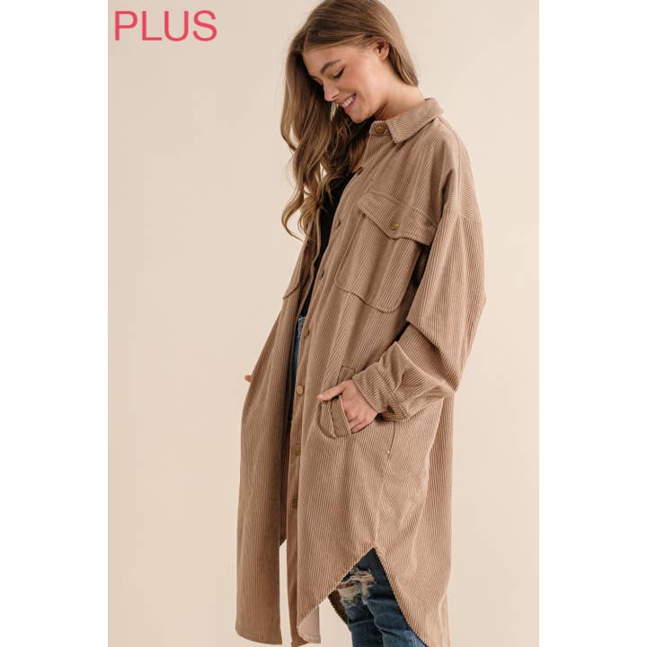 Sweet Generis - Wholesale Shirt Jacket/Shacket - Women's - PLUS LONG CORDUROY BUTTON UP SHIRT JACKET SHACKET24