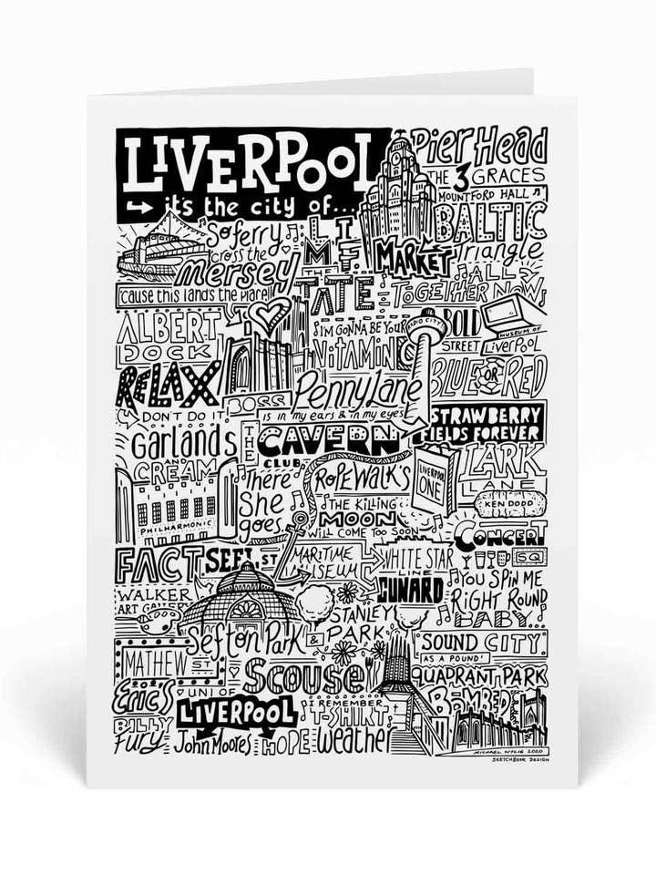 Tarjeta de felicitación ilustrativa de monumentos de Liverpool para venta al por mayor de Sketchbook Design