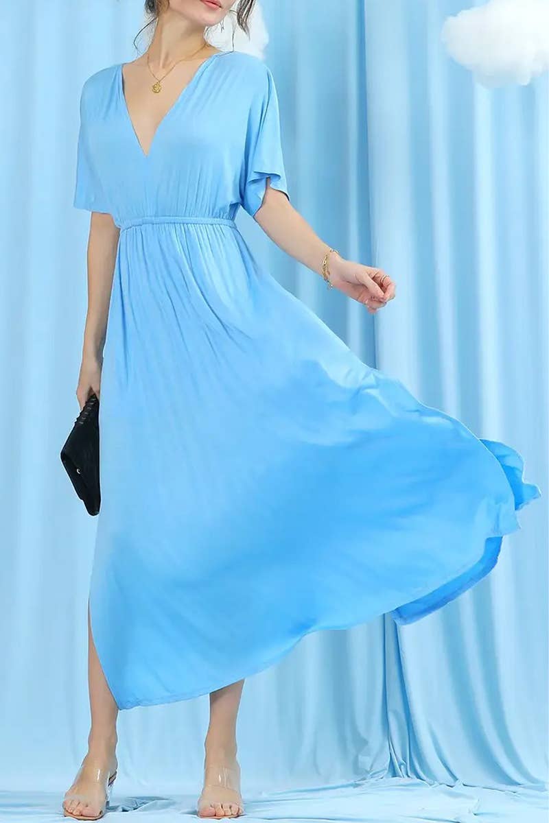 ACCITY - Wholesale Dress - Women's - V-Neck Short Sleeve Back Bow Empire Dress21