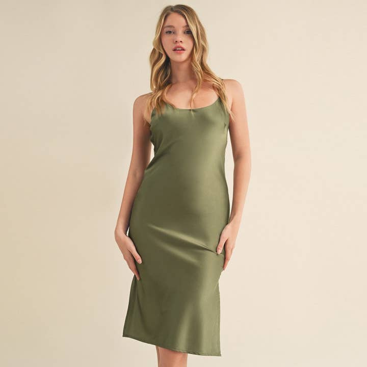 SATIN CAMI MIDI DRESS WITH SIDE SLIT DOUBLE LAYER AT BUST for wholesale by Pinkbloom