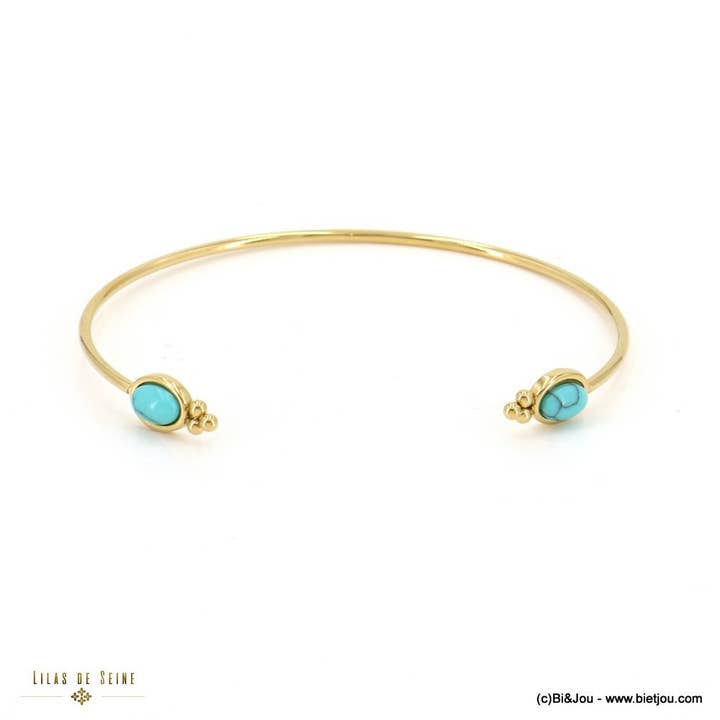 Bracciale torque aperto in acciaio inox con cabochon in pietra naturale 0223018 per la vendita all'ingrosso da parte di Lilas de Seine