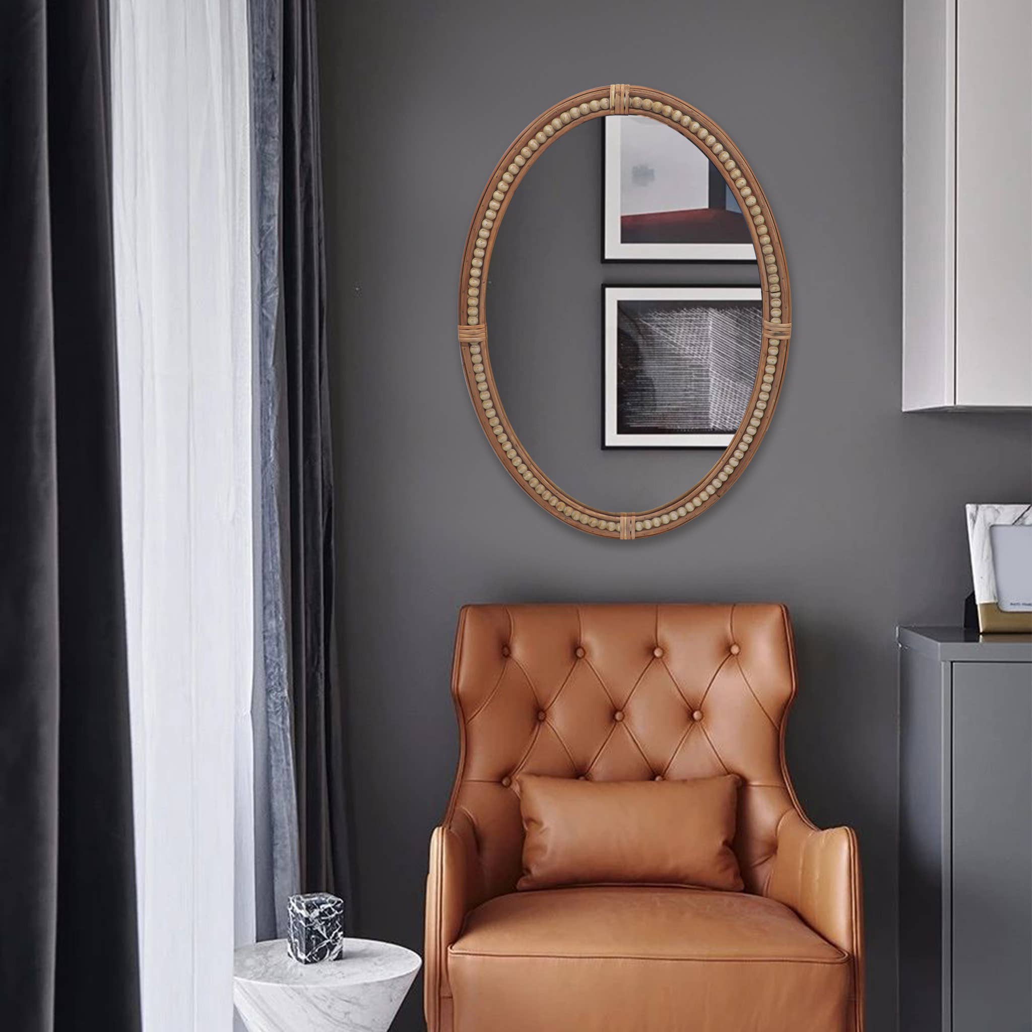 Paris Loft Inc – wholesale Wall mirror – 26 Inch Boho Oval Mirror with Beads and Rattan Decor3