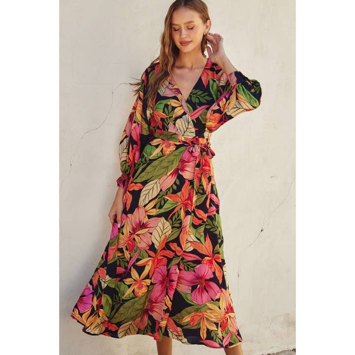 OCEANIA GARDEN Picture Perfect Satin Maxi Wrap Dress for wholesale on Faire