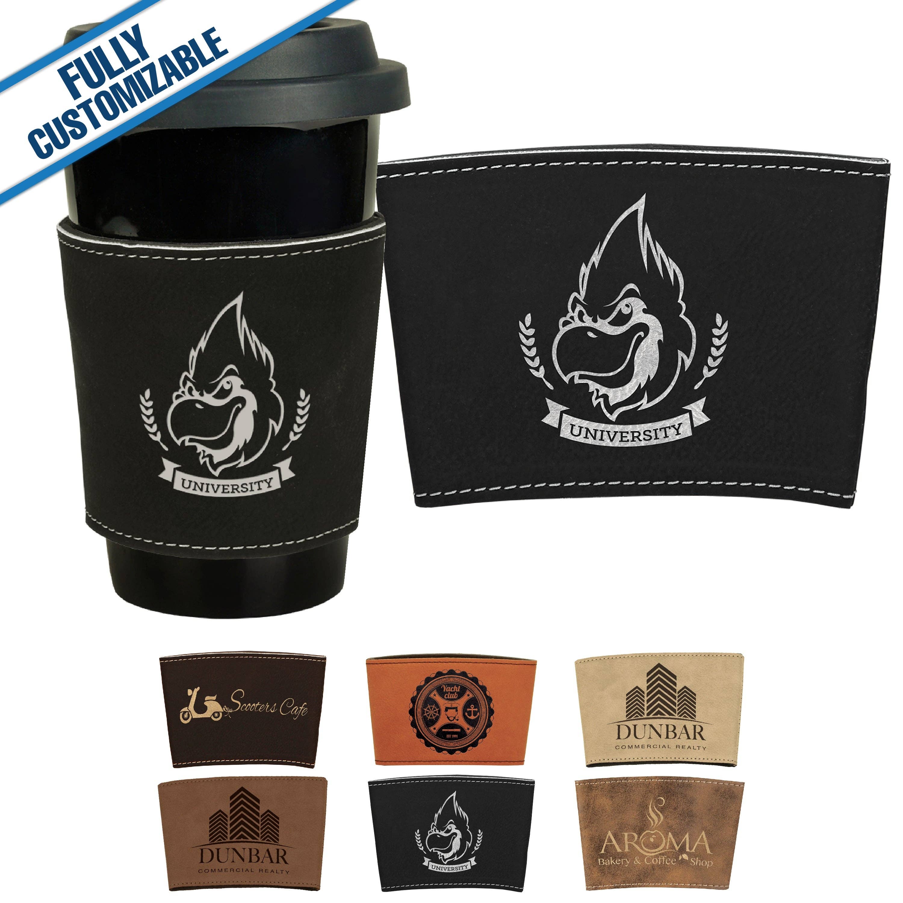 GiftWorksPlus - Wholesale Drink Huggers & Koozies - Engraved Leatherette Mug Sleeve - Fully Customizable6