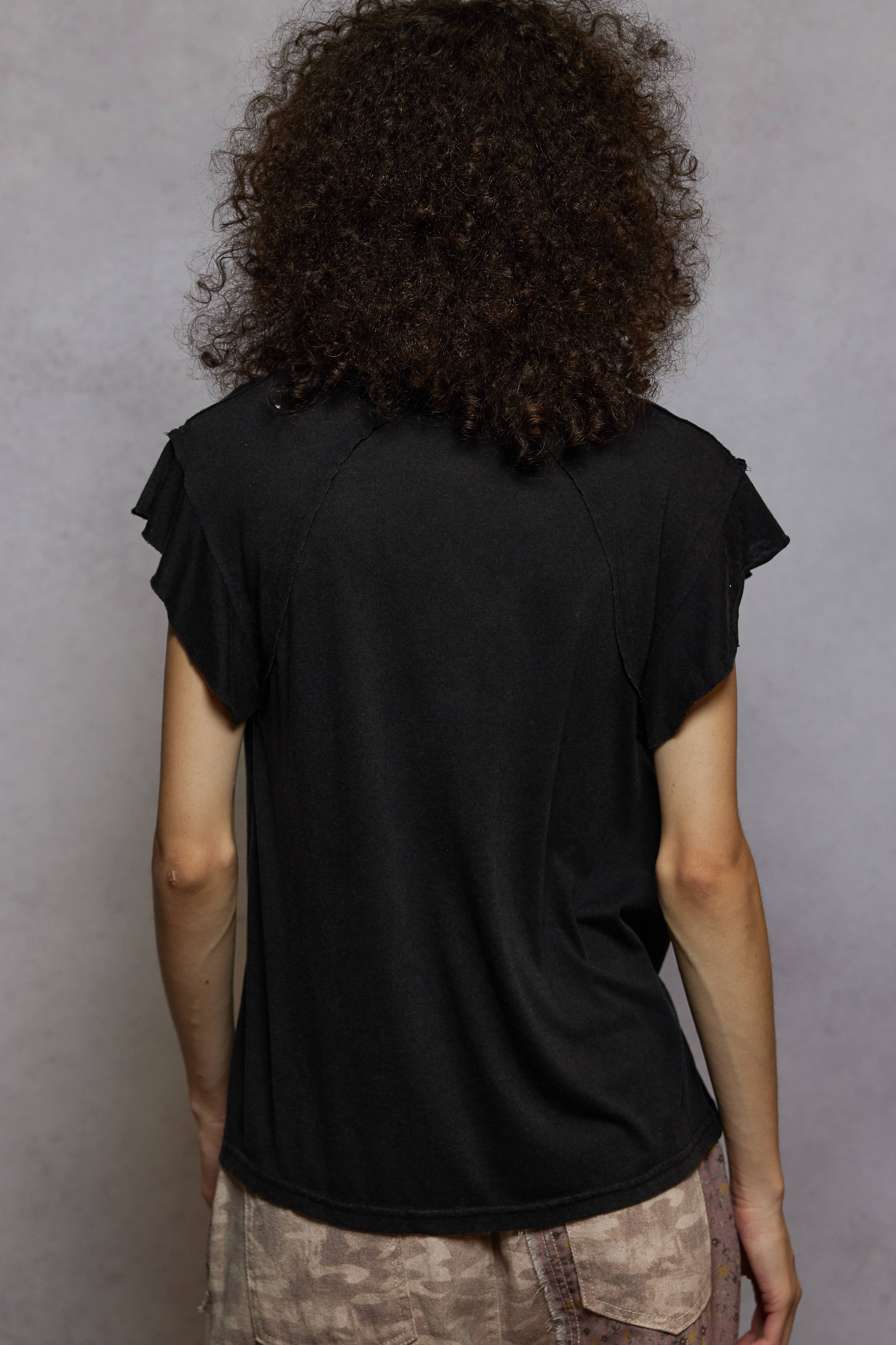 Pol Clothing - Wholesale T-Shirt - Women's - V-neck ruffle short sleeve solid basic cotton top39