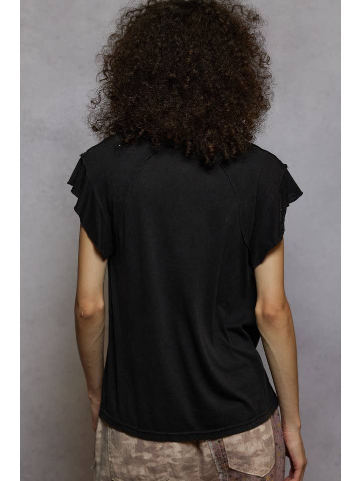 Pol Clothing - Wholesale T-Shirt - Women's - V-neck ruffle short sleeve solid basic cotton top39