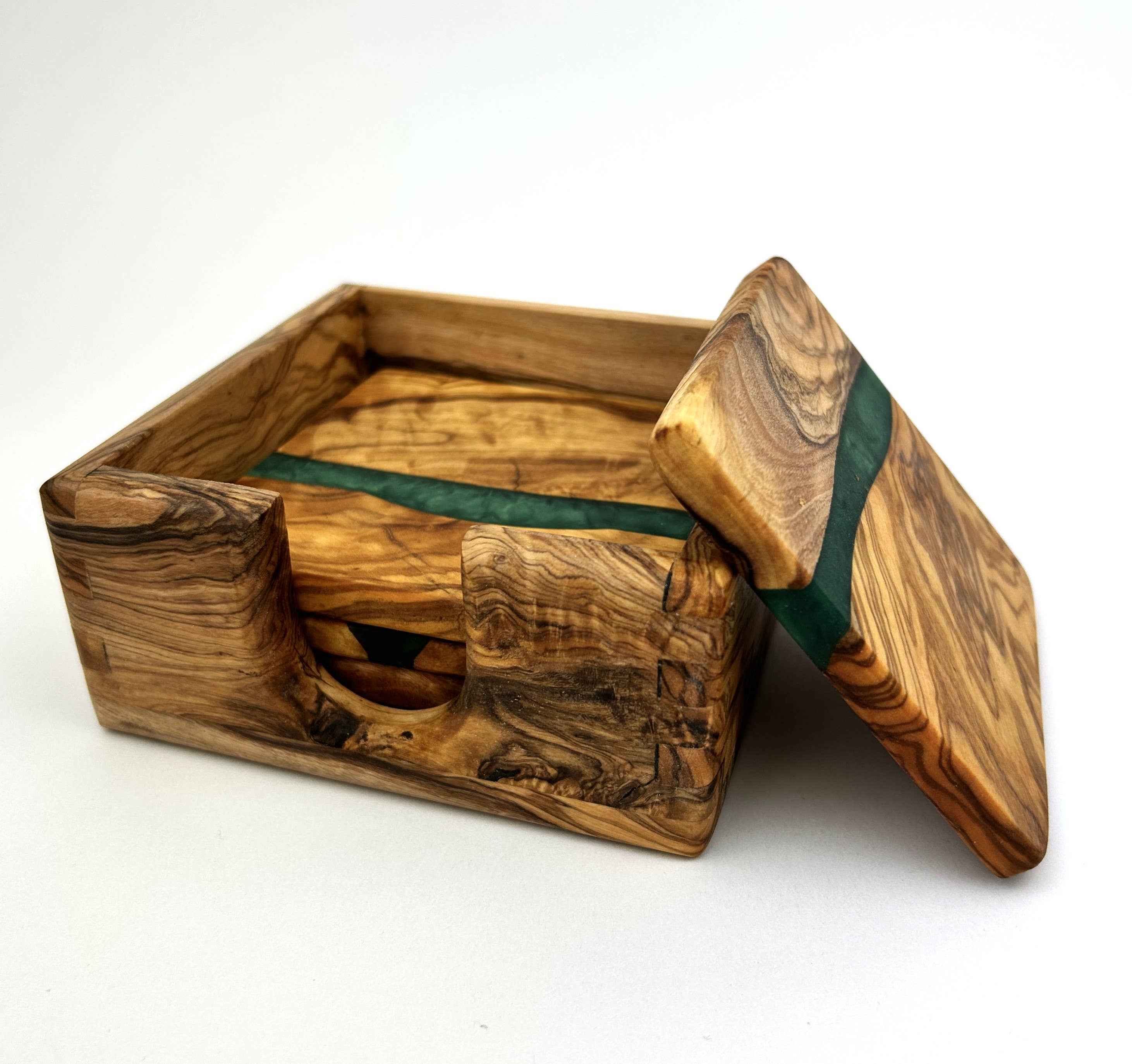Natural OliveWood – wholesale Coasters – Olive Wood Resin Coaster Set w/Holder2
