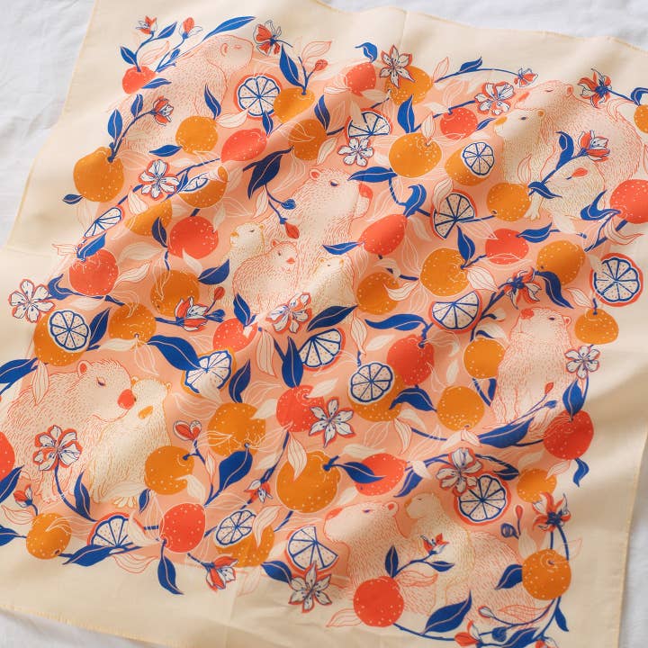 Capybara Yuzu Art Bandana Scarf (Pink-Orange) for wholesale by sol&mar art co.