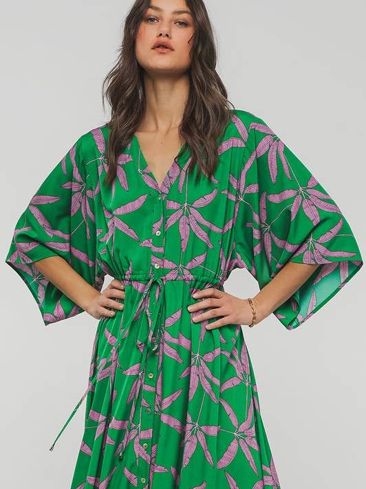 Urban Daizy - Wholesale Dress - Women's - Romantic Palm Print V Neck Tie Waist Maxi Dress