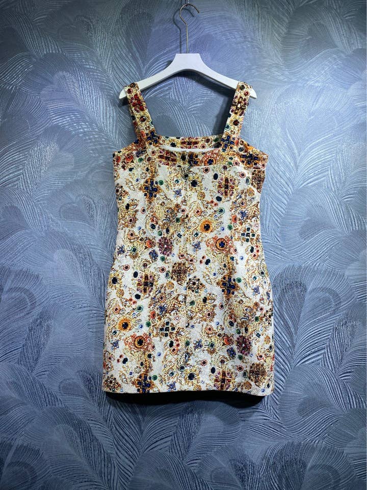 Color as pictures DR730Y Beaded Summer Suspender Dress with Artful Print for wholesale on Faire2