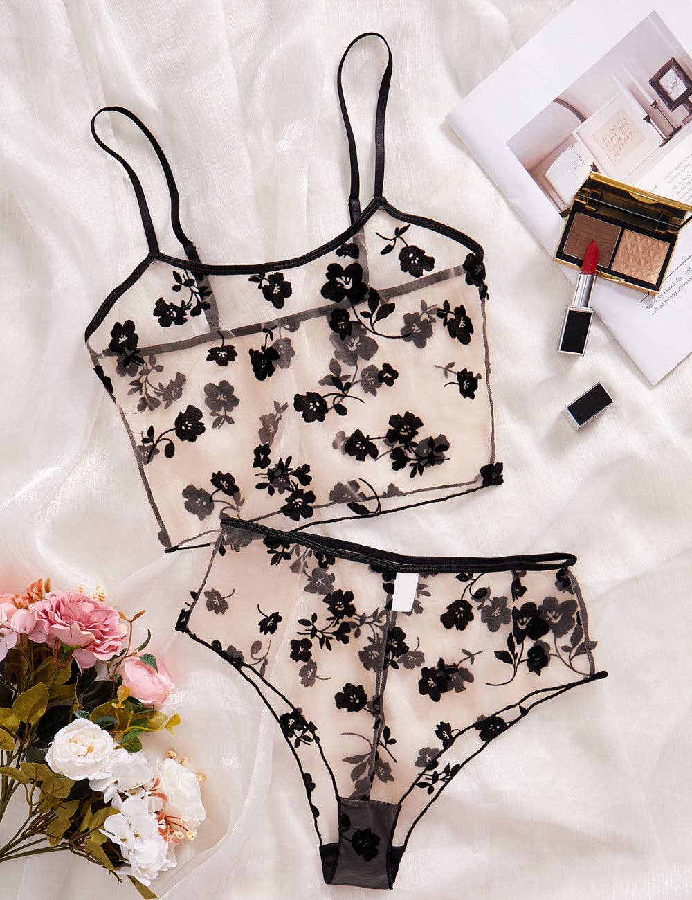Black Ladies Floral See Through 2PCS Lingerie Set SKLG4160 for wholesale on Faire0