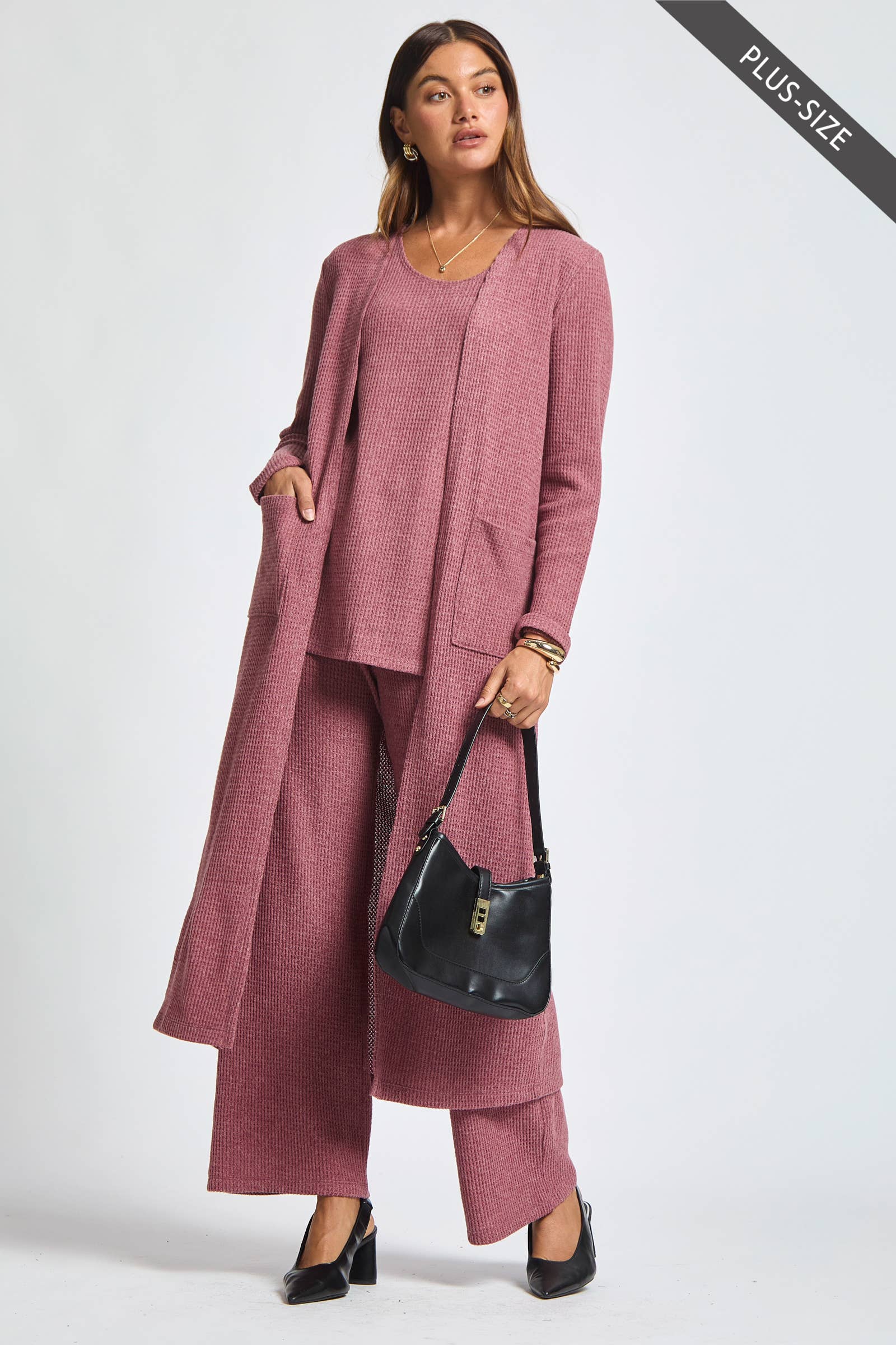 Dear Scarlett - Wholesale Lounge Set - Women's - PLUS SIZE Thermal Sleeveless Tank + Cardigan + Relaxed Pants17