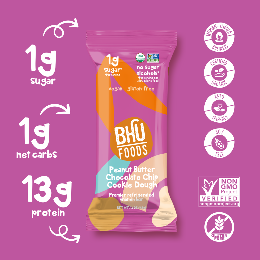 Bhu Foods - Wholesale Snack Bar - KETO Protein Bar - Peanut Butter Chocolate Chip Cookie Dough (8 bars)7