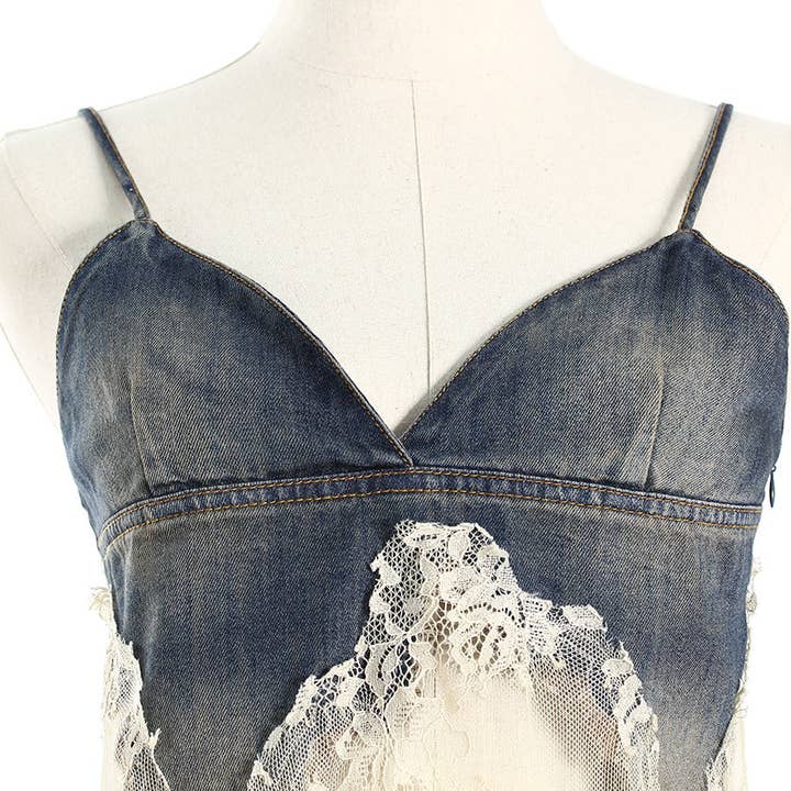 Sanyao Fashion - Wholesale Top & Short Set (NOT Loungewear) - Women's - M37 Lace-Stitched Denim Two-Piece with Suspender Shorts2