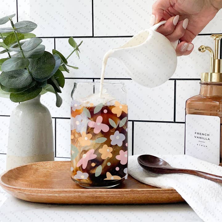 16oz Spring Pastel Petals Glass Cup with Bamboo Lid & Straw #100107 for wholesale by Sayers & Co.