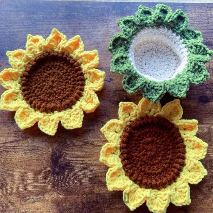 Crochet Sunflower Coasters in a Basket, Set of 4 for wholesale by TOMOPOD LLC