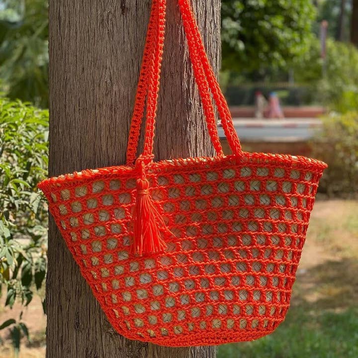 Elegant Straw Bag with Crochet Detailing, French Market Tote for wholesale by craftberber