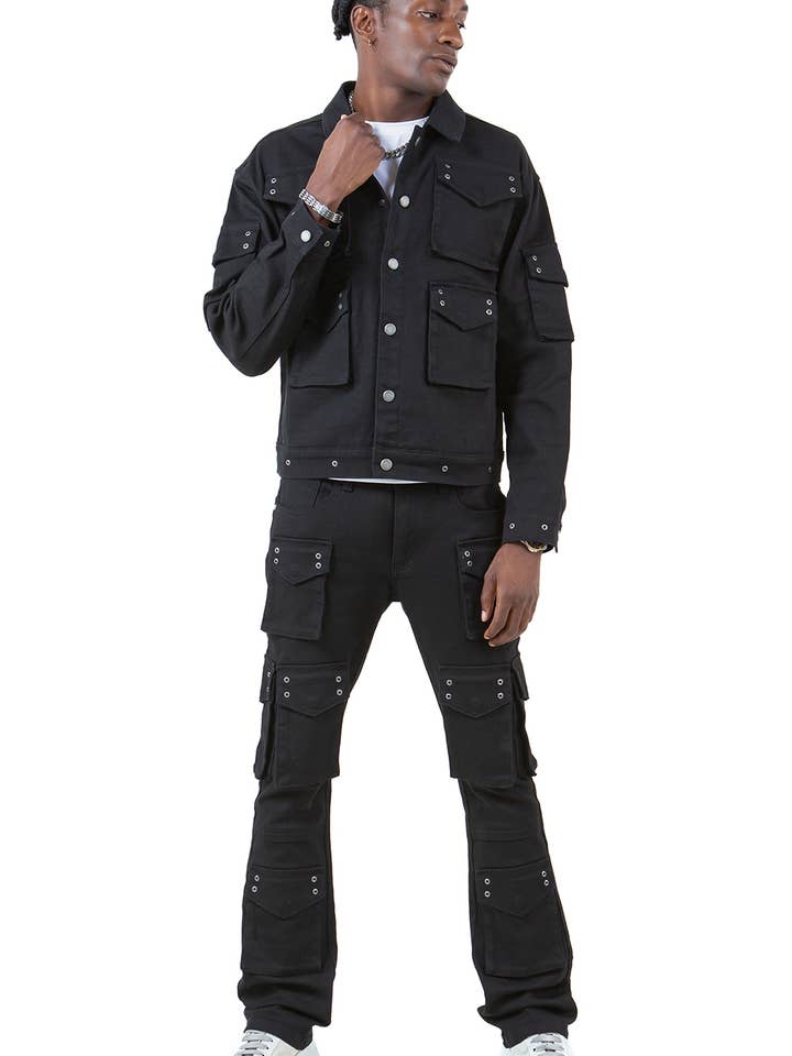 KJ2479 JETBLACK EYELET DENIM MULTI POCKETS JACKET for wholesale by Platform 100