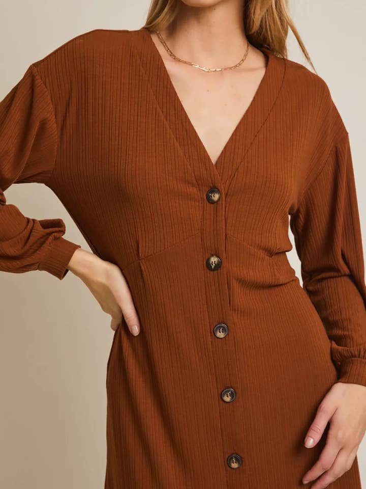 Rust Brown Ribbed Knit Balloon Sleeves Button-Front V-Neck Mini Dress for wholesale on Faire3