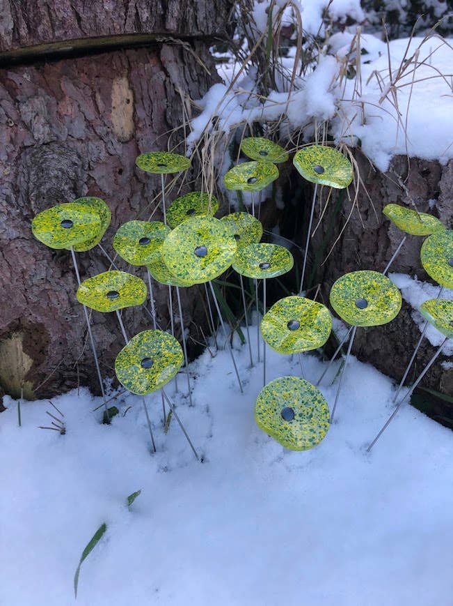 CARNEOL GLASS - Vendita all'ingrosso Paletti da giardino/prato - Piccolo Fiore di Vetro Trasparente per Esterni - Verde Mela e Giallo1