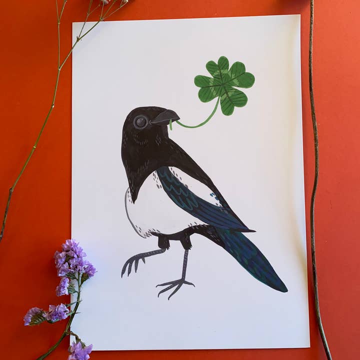 Lucky Magpie with 4 leaf clover Digital Art Print for wholesale by Fernandes Makes