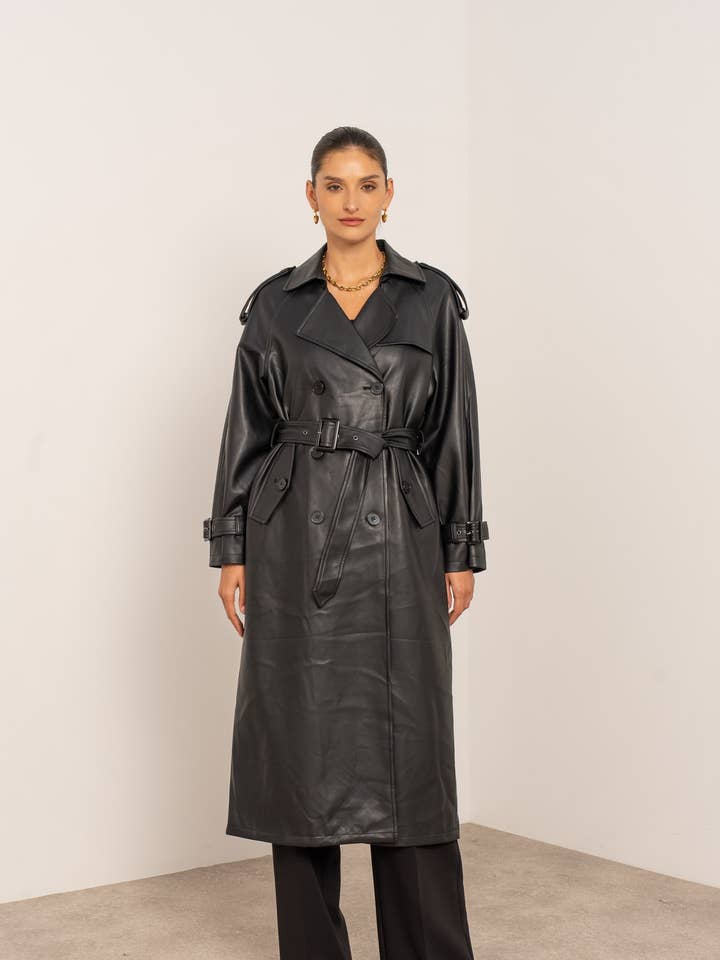 Long vegan leather trench coat for wholesale by Attentif Paris