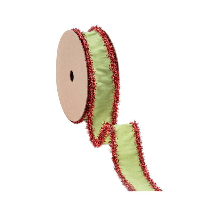 LA Ribbons Wholesale - Wholesale Ribbon - Gift Wrapping - 1" Wired Dupioni Ribbon | Green Apple w/ Red Tinsel Edging | 10 Yard Roll
2