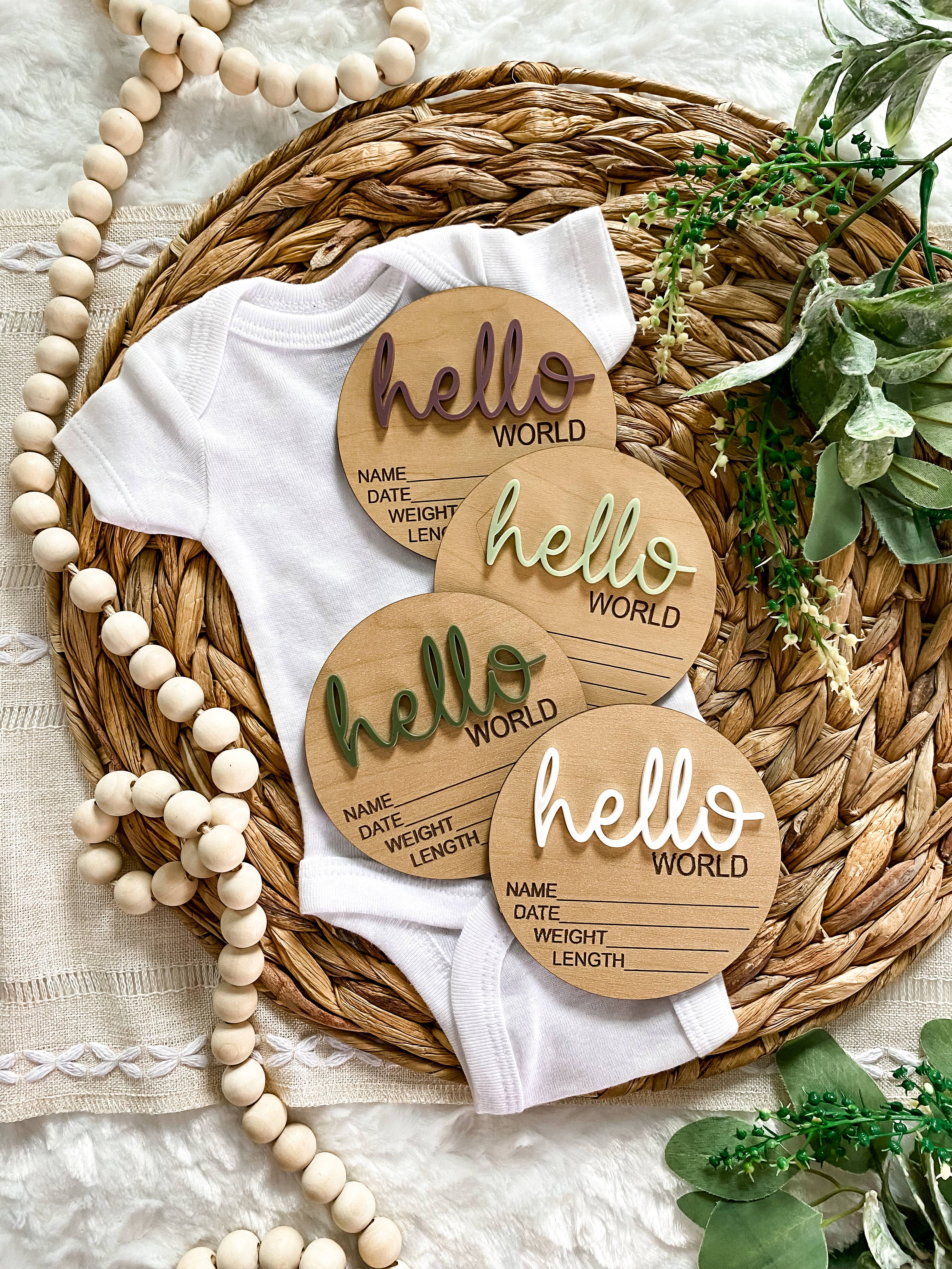 Claire and Bella - Wholesale Milestone Art/Keepsake - Kids & Baby - Hello World Birth Stat Announcement Wood Disc - Layered 3D15