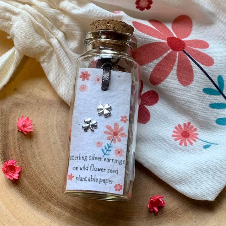 Clover Sterling Silver Bottled Earrings With Cotton Bag for wholesale by Ginger & Roo