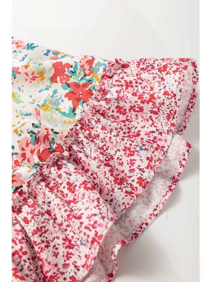 Pink Plus Size Floral Patchwork Ruffled Short Sleeve Blouse for wholesale on Faire